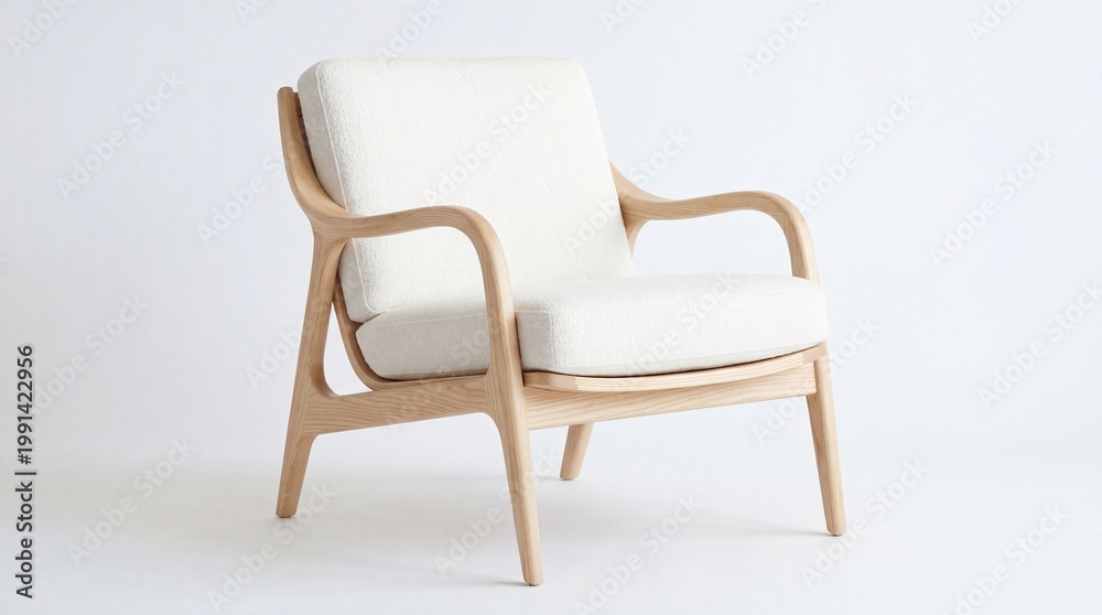 Fototapeta premium Mid century modern lounge chair featuring a light oak wooden frame and cream fabric upholstery