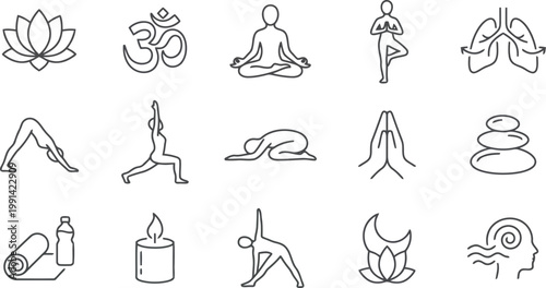 Collection of yoga and meditation icons: lotus om symbol poses zen stones with meditation wellness mindfulness spirituality serenity healthylifes