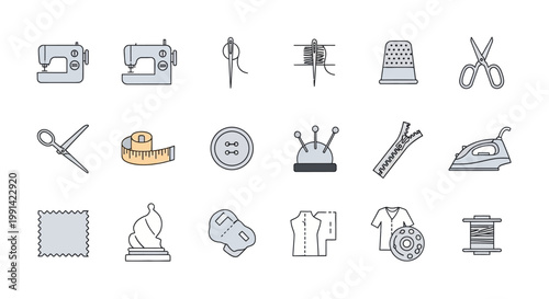 Collection of sewing and tailoring tool icons in flat line art style
