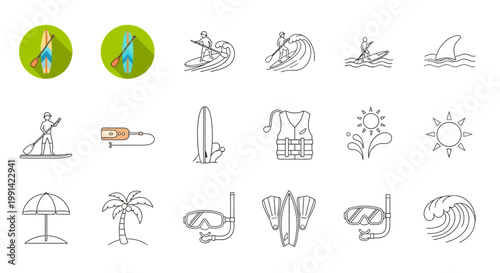 Collection of water sports and beach vacation line icons.