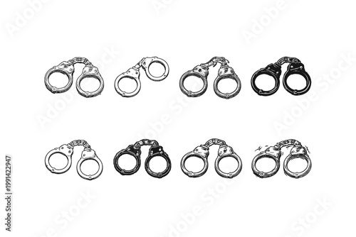 Collection of handcuffs in various styles and colors, hand-drawn illustration
