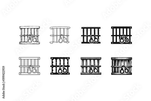 Collection of prison cell icons with handcuffs, representing confinement and justice