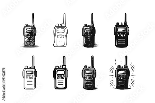 Collection of vintage and modern walkie-talkie illustrations in various styles