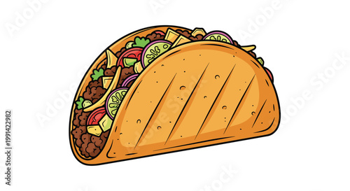 vibrant illustration of a Mexican taco filled with ground beef meat fresh vegetables cheese and sauce in a crispy shell.