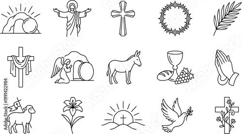 Christian religious symbols: jesus crosses lamb dove resurrection with christianity religious resurrection illustration collection minimalist