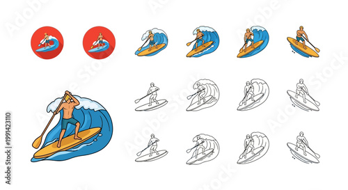 Man paddleboarding on a wave, a dynamic water sport illustration.