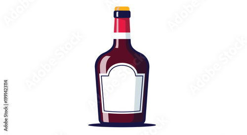 stylized illustration of a dark glass liquor bottle with a blank white label and red foil cap for beverage packaging design.