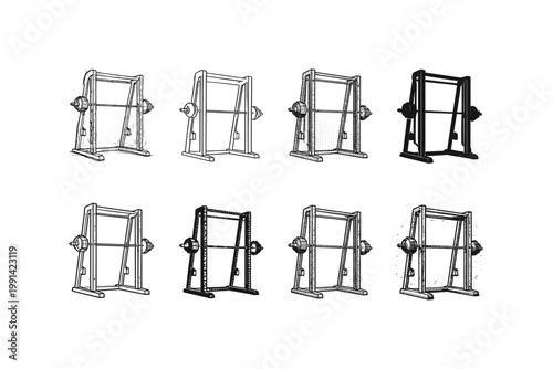 Collection of eight different smith machine illustrations with barbells and weights
