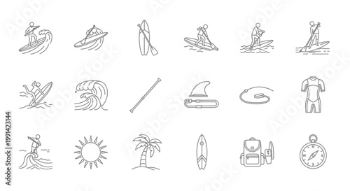 Water sports and beach vacation line icons set with surfing and paddleboarding elements.