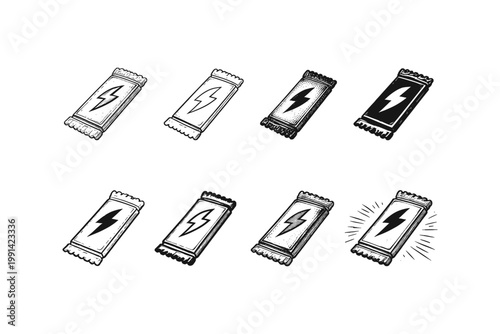 Collection of energy bar wrappers with lightning bolt symbols for power and speed