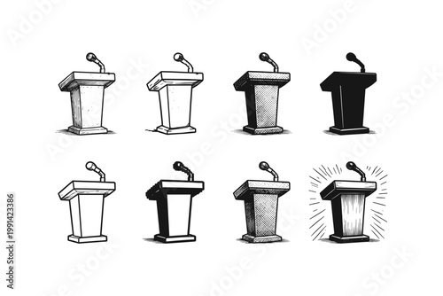 Collection of diverse podiums with microphones in a hand-drawn sketch style