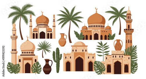 collection of islamic architecture elements including mosques minarets palm trees and traditional pottery jars in desert style.