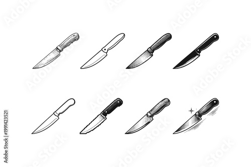Collection of eight different knife illustrations in a vintage style