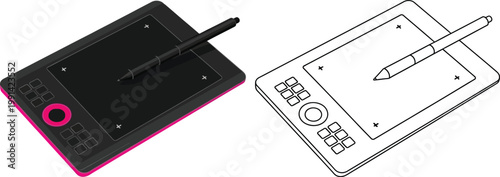 Digital drawing tablet with stylus isometric view in color and outline isolated on white background for graphic design projects