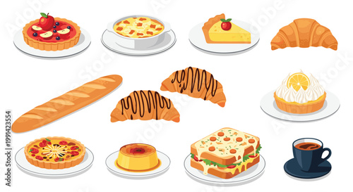 assortment of delicious French pastries including croissants tarts baguettes and a cup of black coffee for breakfast.