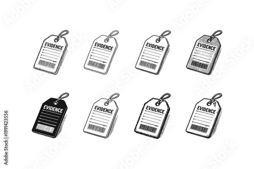 Collection of evidence tags with barcodes and lines for notes