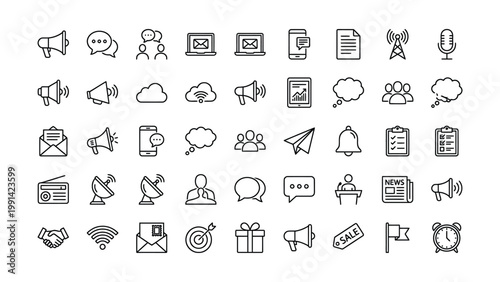 Communication and business icons collection with speech bubble social media communication business illustration megaphone document microphone strategy connection dialogue discussion
