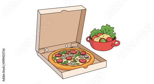 Freshly baked pepperoni pizza with mushrooms and green peppers in a cardboard delivery box sitting next to a bowl of garden salad.