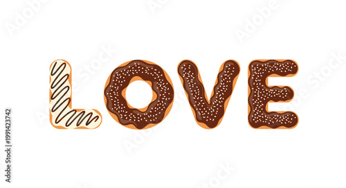 Creative word love spelled with delicious frosted donuts covered in chocolate and vanilla sprinkles on a white background.