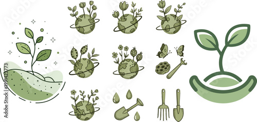 Green Earth Ecology and Gardening Icon Set for Earth Day Celebration