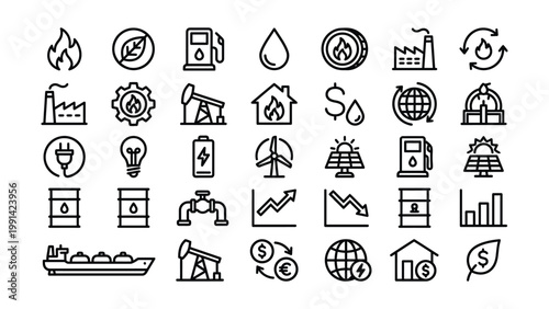 Energy and industry icons for environmental and economic concepts with light bulb industry illustration electricity renewable environment sustainability shipping pumpjack currency building