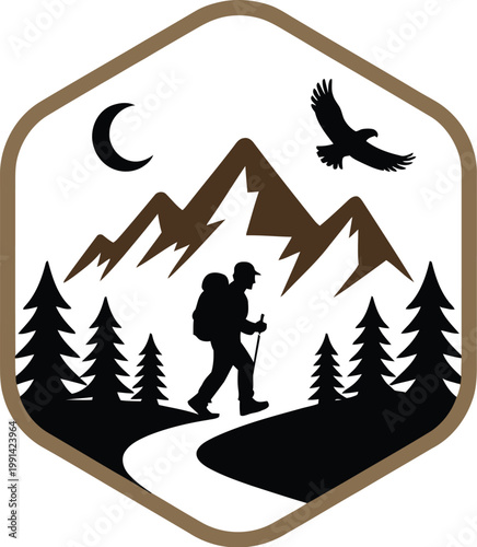 Mountain hiker silhouette logo with trees, moon, and eagle, vector illustration in a clean minimalist style, representing adventure, nature, exploration, and outdoor lifestyle, ideal for branding