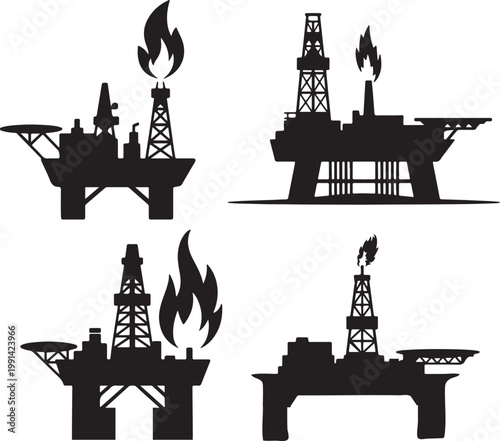 Set of Black silhouette of an oil rig with a geyser of black liquid erupting black and white silhouette, vector and illustration	