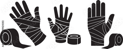 Boxing Hand Wrap Silhouettes Set – Wrapped Hands and Tape Roll Icons black and white silhouette, vector and illustration	