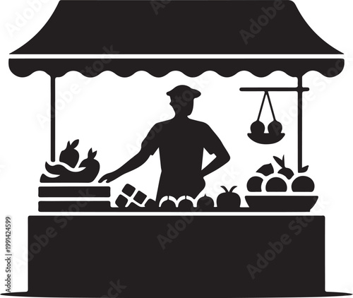 Farmers Market Vendor Silhouette – Man Selling Fresh Vegetables and Produce Stall Illustration black and white silhouette, vector and illustration	