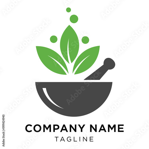 Mortar and pestle with green leaves and bubbles logo design icon