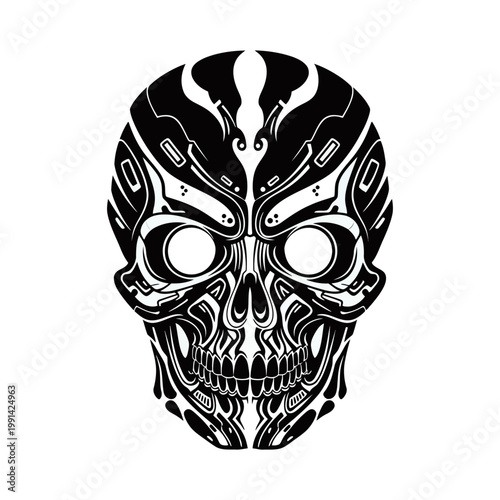 A detailed black and white illustration of a stylized human skull with intricate, futuristic, and tribal patterns, resembling a biomechanical or robotic design.