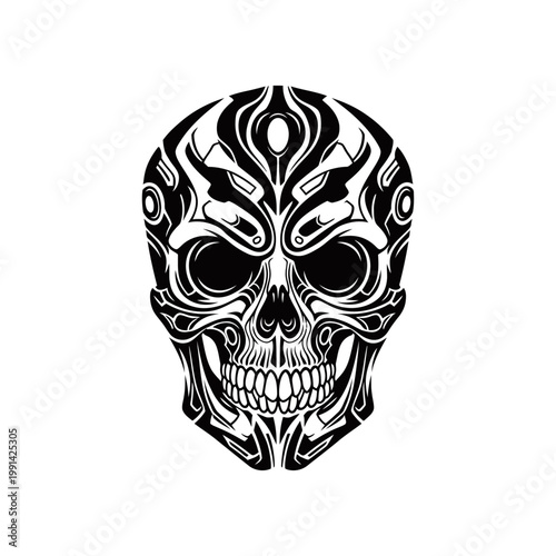 Intricate black and white tribal skull illustration with detailed patterns and sharp edges.