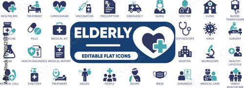 Medicare editable Icon Set. Healthcare, Senior, Elderly, Benefit, Coverage, Policy, illustration, icon, and solid icons.