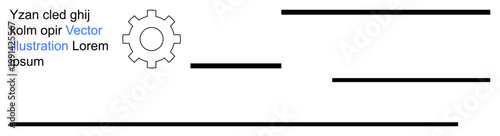 Industrial design, business documents, technology layout, technical writing, gear , workspace organization. Gear symbol and abstract text with horizontal lines. Industrial design and business