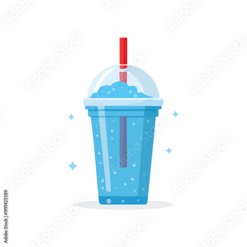 Blue slushy drink in a clear plastic cup with red straw and lid