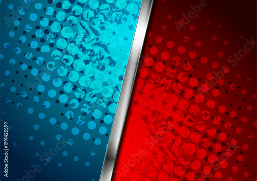Abstract red and blue versus background with silver metallic divider, halftone dot patterns, and grunge texture. Vector design for sports, gaming, and competitive battle themes
