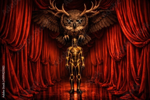 Dramatic red curtain theater stage with glowing humanoid figure under giant owl with antlers