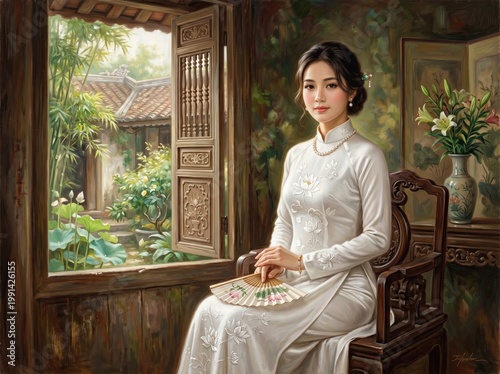 A Vietnamese white ao dai portrait, Huế style, inspired by classical oil painting style, soft lighting, and elegant pose

