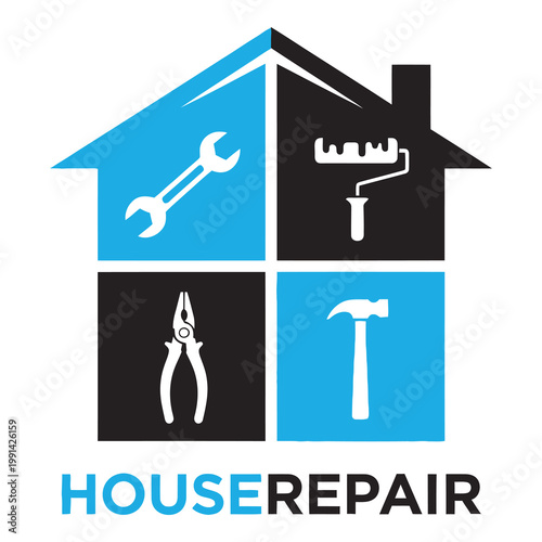House repair service logo with tools icons and house shape icon