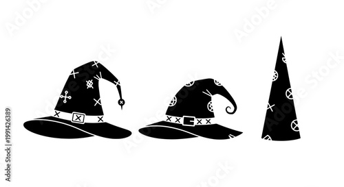 Hats wizard collection with black and white patterns and belts featuring graphic resource, illustrations, vector graphics with hat designs and magic