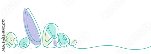 Easter greeting card features a handwritten design, colorful Easter bunny ears, Easter eggs, grass, and white. Perfect for a horizontal poster, greeting card, or website header.