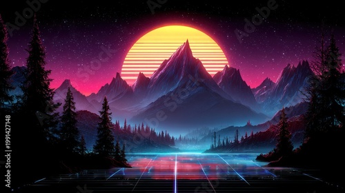 Stylized retro landscape depicts towering mountains reflected in a glowing grid surface under a neon sky.