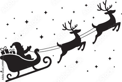Black silhouette of santa claus in a sleigh pulled by two reindeer with stars on white background