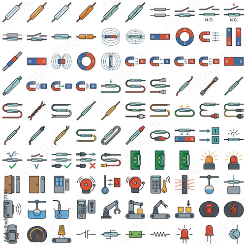 Collection of electrical components and scientific equipment icons.