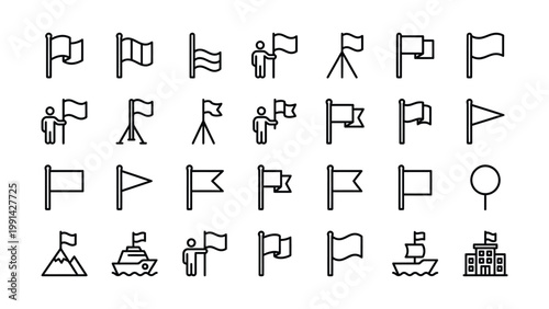 Collection of hand drawn flag icons representing various concepts with black and white outline art illustration communication information guidance direction location celebration competition