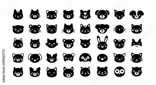 Cat faces emoji icon set with cute black cartoon heads, whiskers and eyes, for playful stickers, social media, and kids design