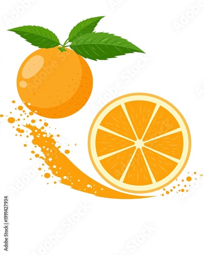 Fresh juicy orange with splash and slices, healthy lifestyle