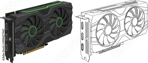 Dual graphics card illustration one colored and one line art for gaming and technology concepts isolated on white