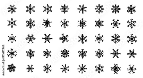 Snowflakes set with various black symmetrical patterns and shapes, winter weather icons featuring snowflake collection, frosty designs, cold climate