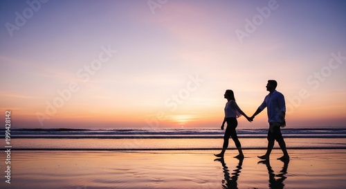 Silhouette of a romantic couple walking hand in hand on a beach at sunset.